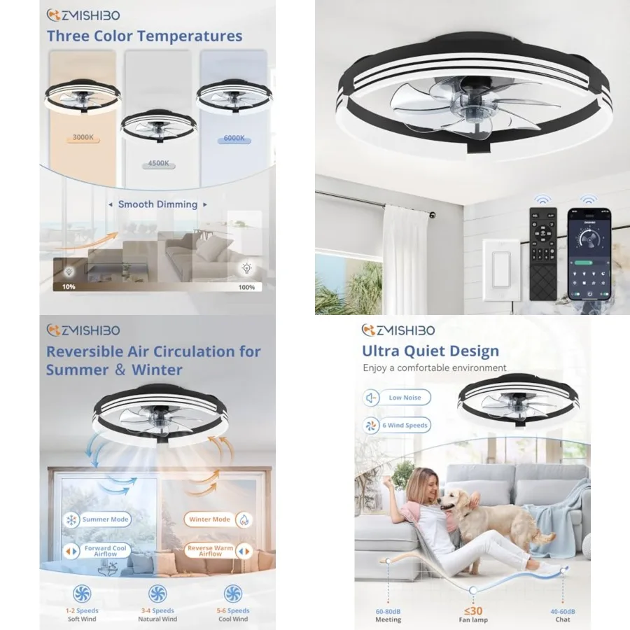 

Low Profile Ceiling Fans with Lights and Remote, Flush Mount Ceiling Fan with Light, 3000K-6000K Dimmable Fandelier LED Fan Lig