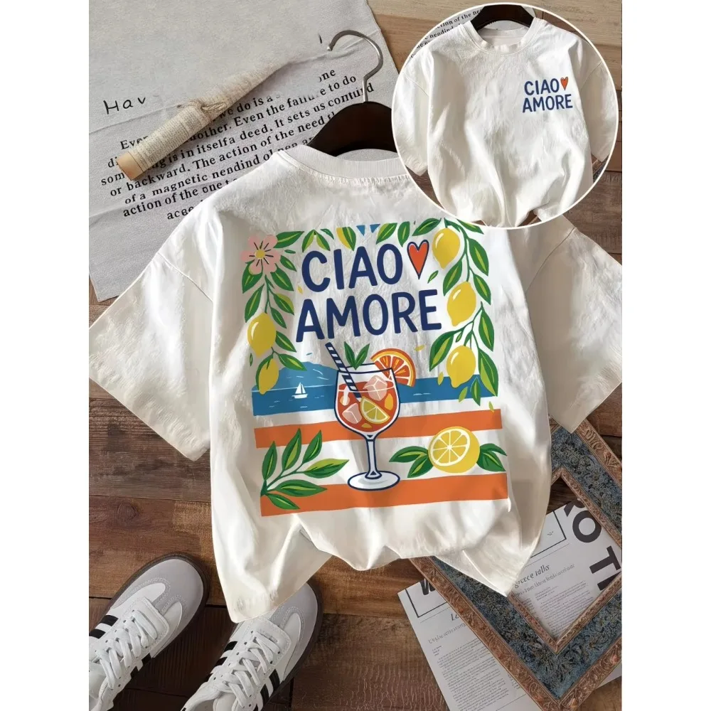 Ciao Amore Italian Graphic T Shirt Cotton Men Women Summer Mediterranean Vacation Lemon Print Tee Retro Aesthetic Harajuku Top