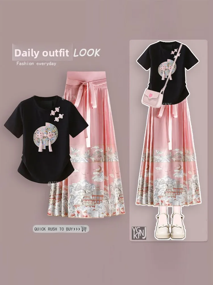 

New Chinese Sle Slimming Pink Top White round Ne Unique Design T-irt National Sle f Skirt Ensemble