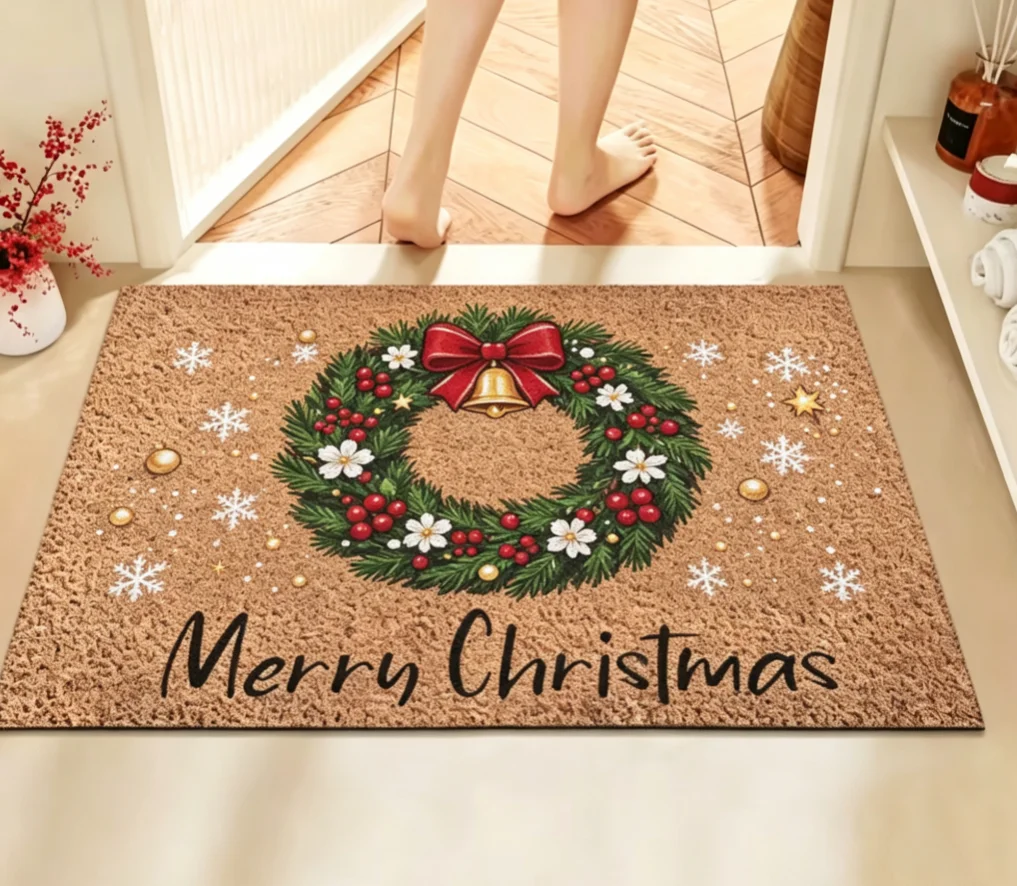 Christmas Gnome Cork Welcome Doormat, Merry Christmas Red Gnomes Gift Wreath Non Slip Front Door Mat, Winter Holiday Decor Rug