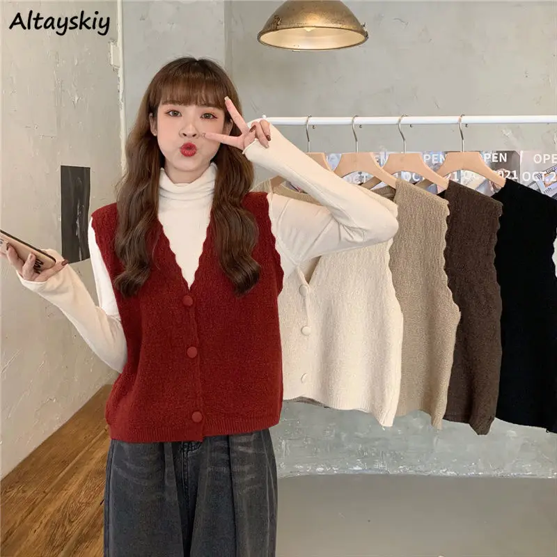 Sweater Vest Women Solid V-neck Button Up Jumpers Retro Gentle All-match Sleeveless Sweaters Knitting Vests Female Temperament