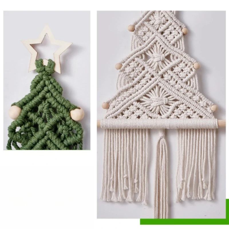 Macaron Hand Woven Christmas Tree Macrame Wall Hanging, Cotton Rope Wooden Stick Boho Tapestry, Xmas Wall Decor for Living Room - view 5