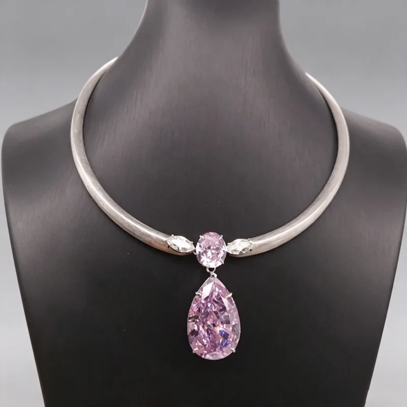 Bellux 925 silver gold-plated high-quality synthetic zircon pink water drop large carat shiny collar jewelry necklace