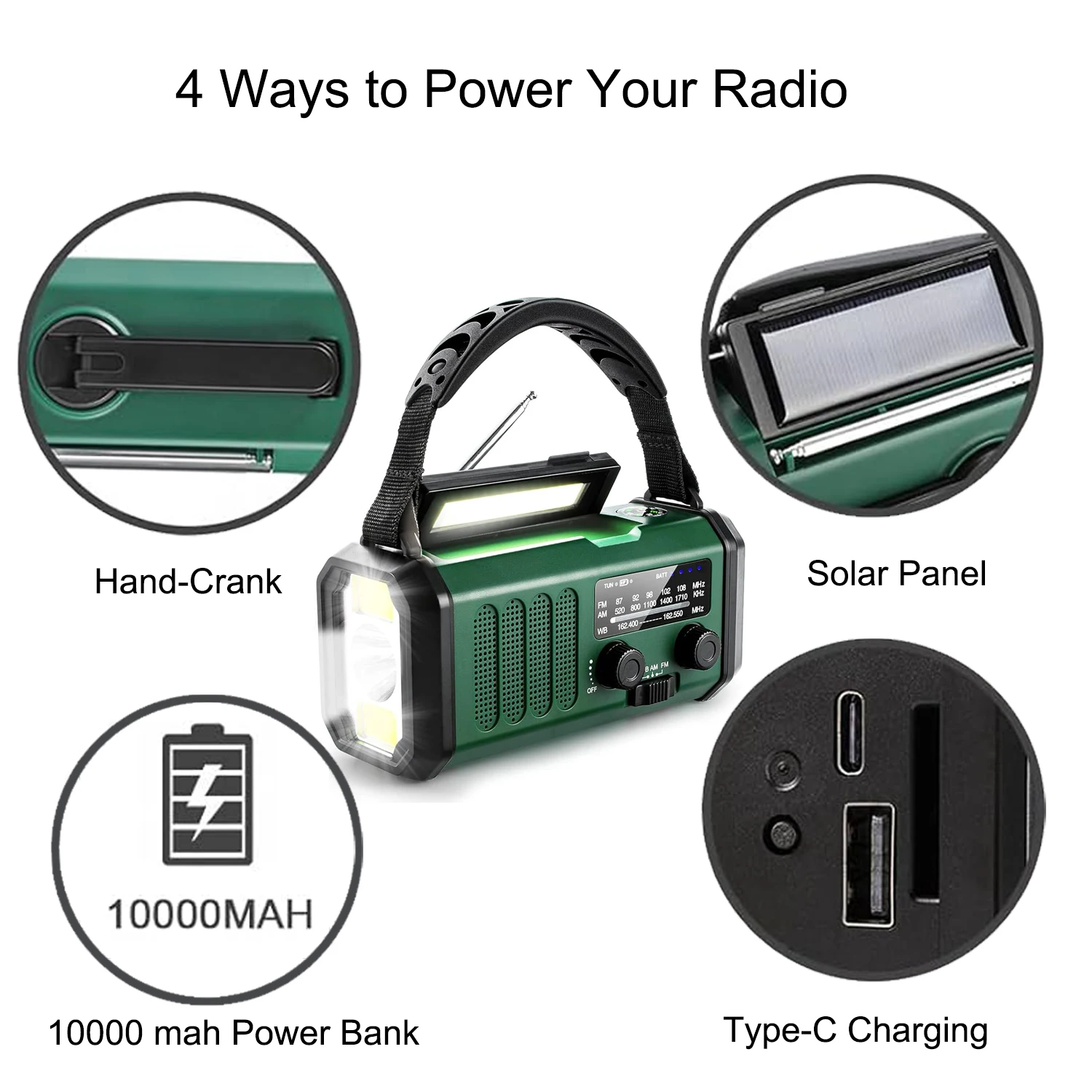 Emergency NOAA Weather Radio,Portable Hand Crank Radio,Solar Powered,AM/FM,SOS Alarm,Flashlight 10000mAh Rechargeable Power Bank