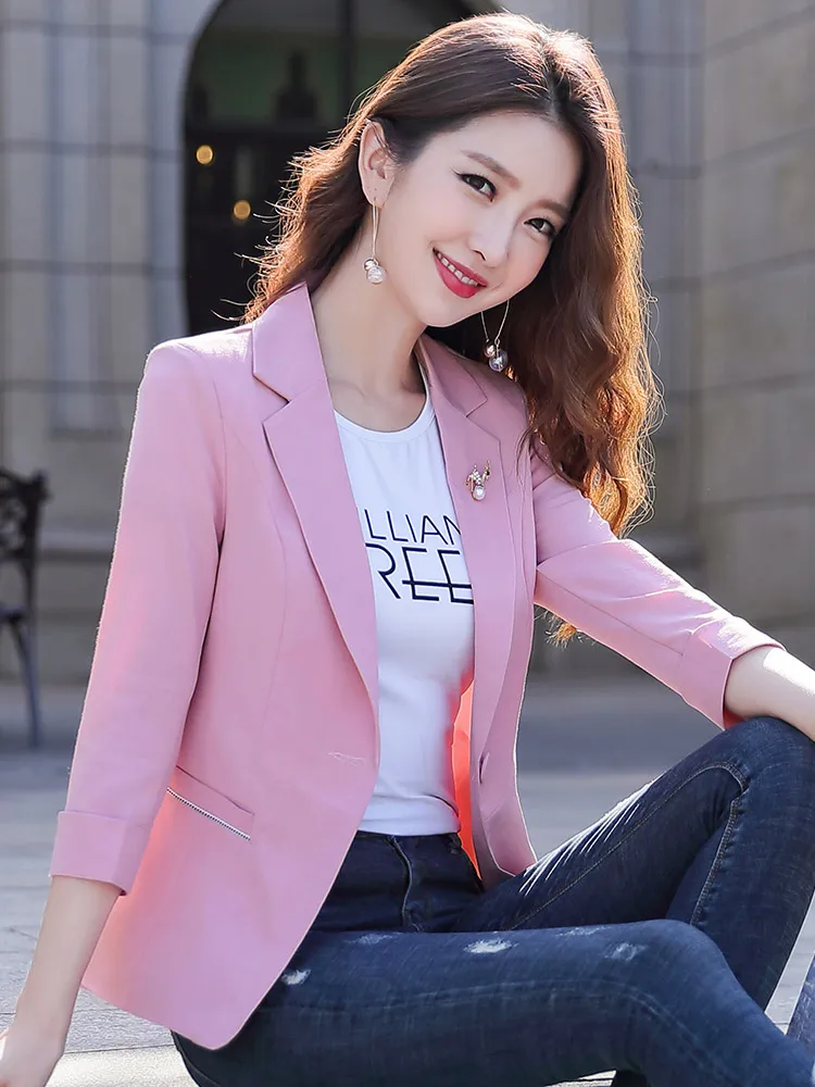 

Small Suit Coat Blazer Women Pink Short Coats 2023 Spring Summer Slim Waist One Button Thin Ladies Outerwear Tops Female Jacket