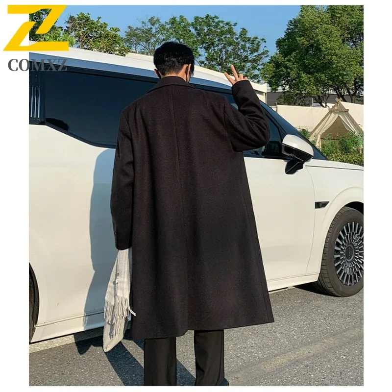 COMXZ Feishun 2024 Casual Loose Mid Length Wool Coat Men Youth Korean Autumn Winter Fleece Thick Fashion Hong Kong Style Coat
