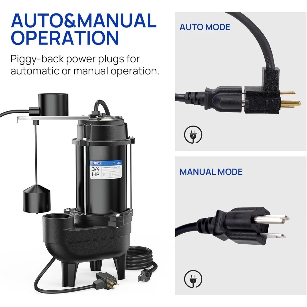 توصيل مجاني - مضخة مياه الصرف الصحي 3/4 حصان غاطسة، حديد زهر 6400 GPH مع مفتاح تعويم عمودي متكامل أوتوماتيكي وقابس Piggyback #4