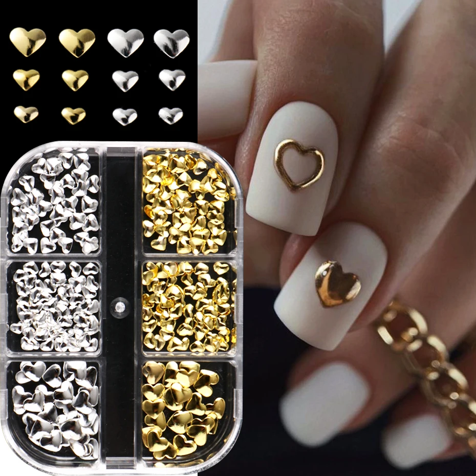 6 Grids Golden Silvery Love Heart & Star Nails Art Charms Mixed Heart-shaped with Five-pointed Star Design Manicure Accessories