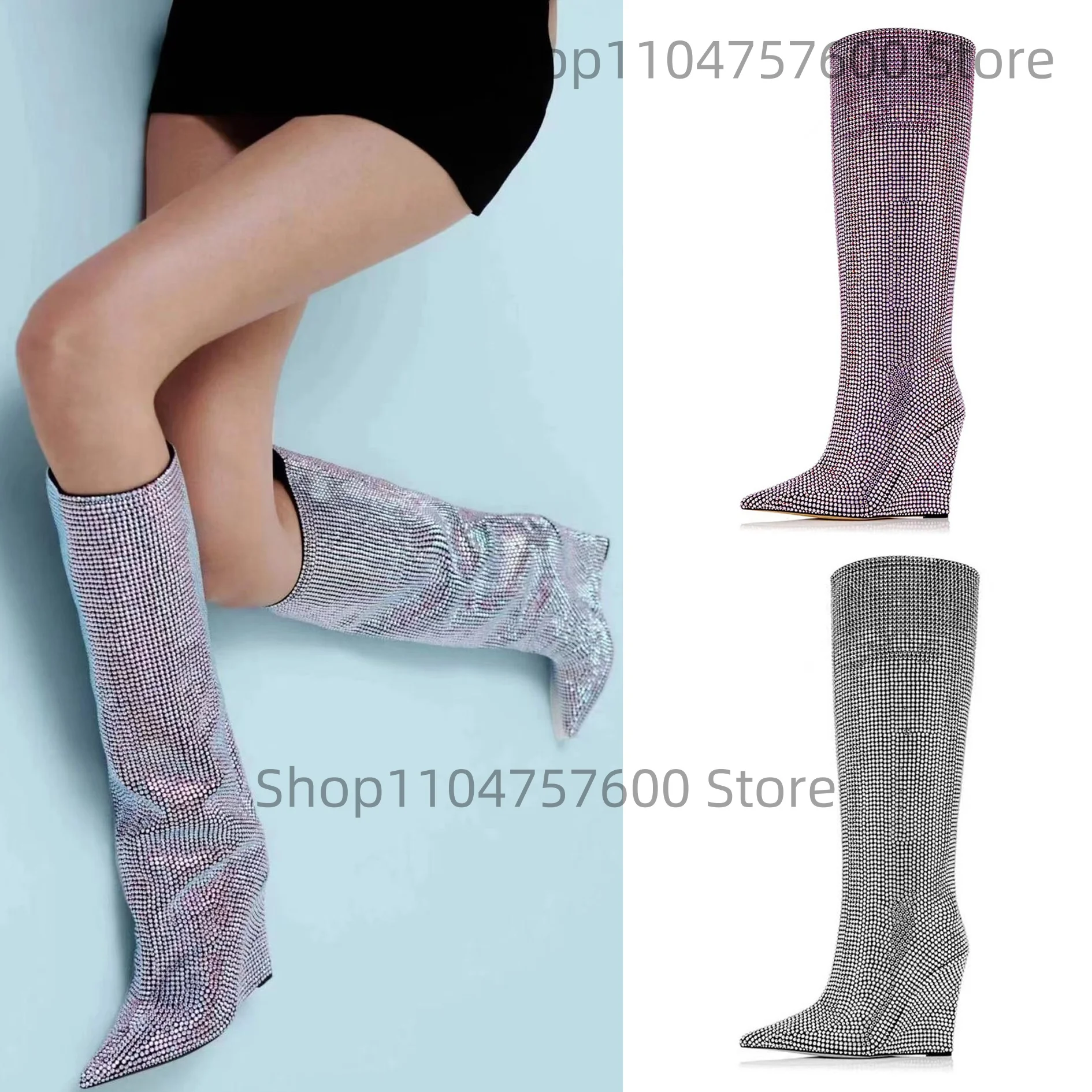 

Новинка 2024, женские сапоги до колена, роскошные элегантные модные женские сапоги до середины икры на танкетке с острым носком, инкрустированные стразами