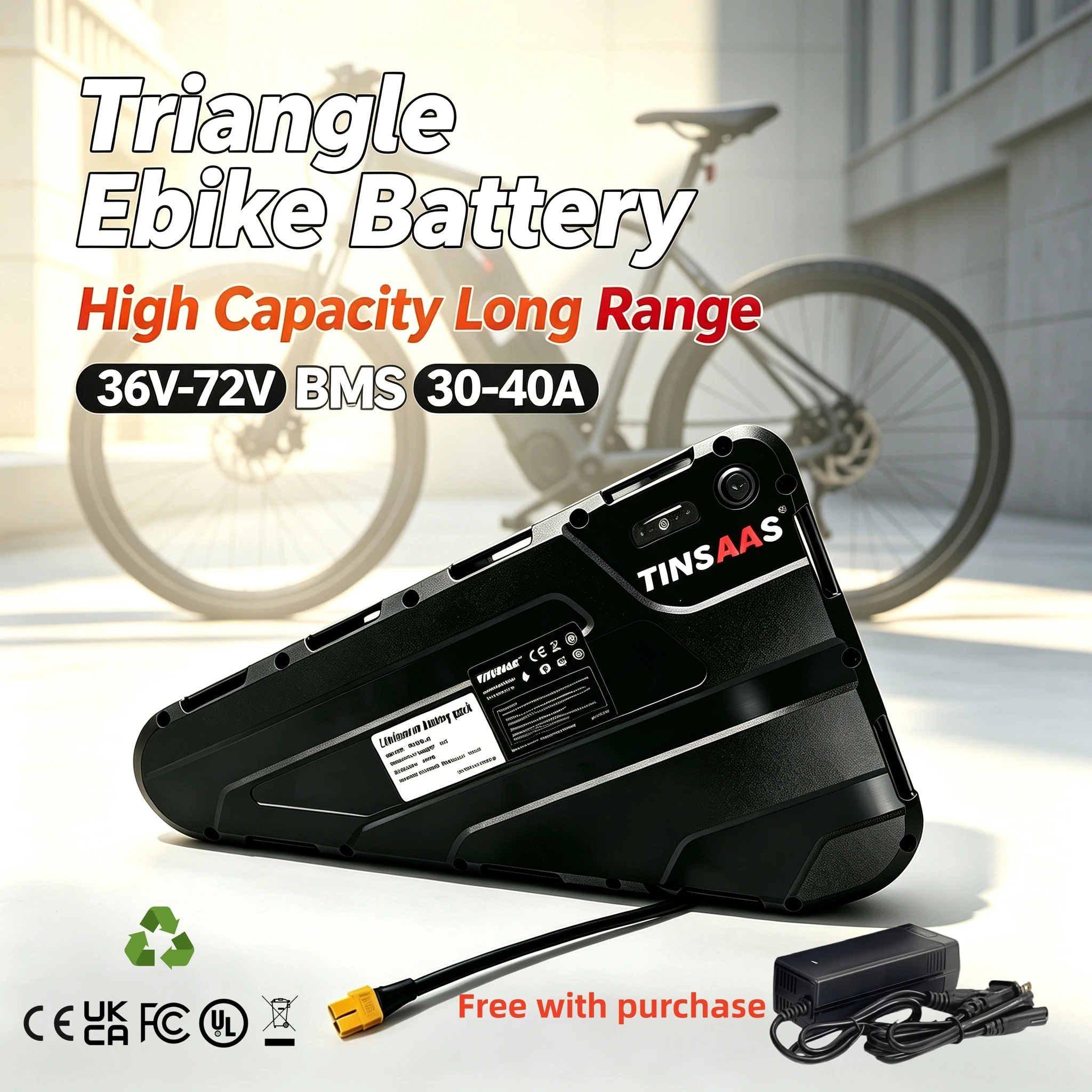 Triangle Ebike Battery Pack 36V 48V 52V 60V 72V Long-Distance Cycling  21700 Battery Cell Suitable For 250W-3000W Motors