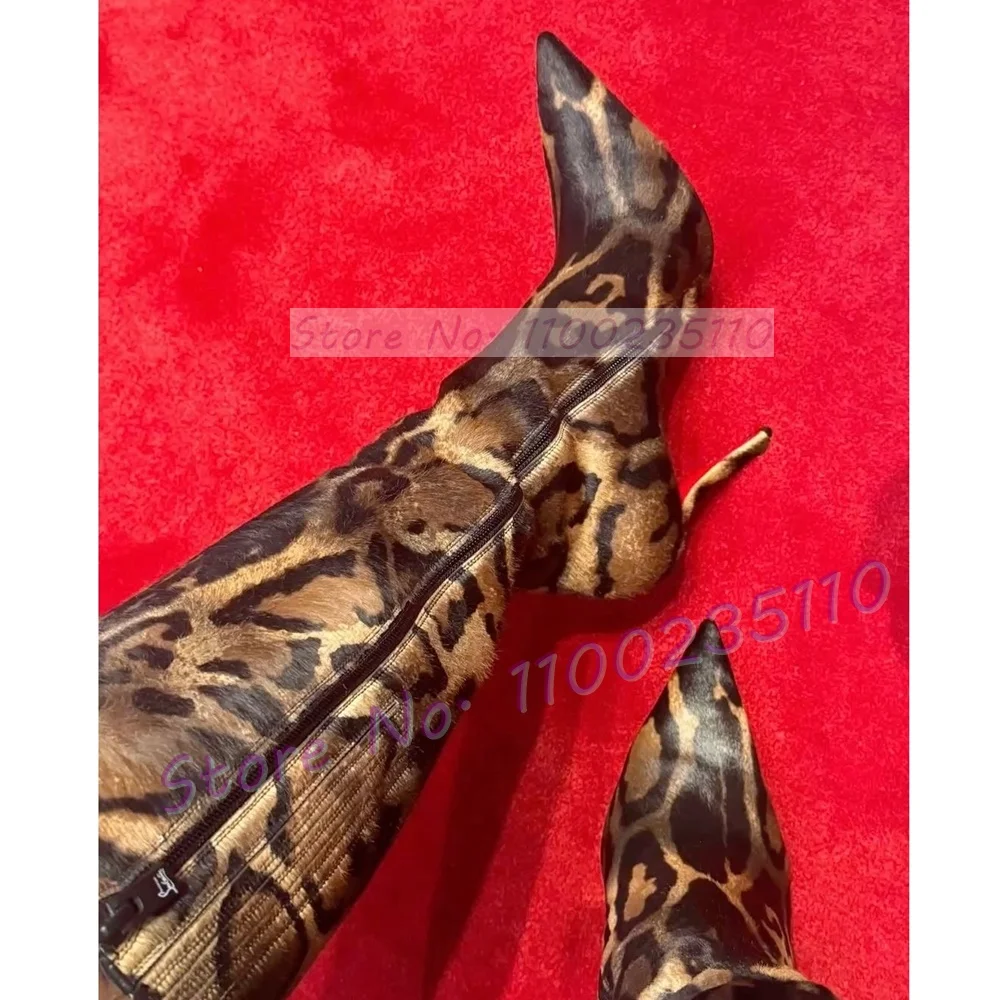 Leopard Print Faux Horsehair Knee High Boots Women Fashion Pointy Toe Runway Shoes Ladies Stylish Cool Side Zipper Slim Boots - view 4