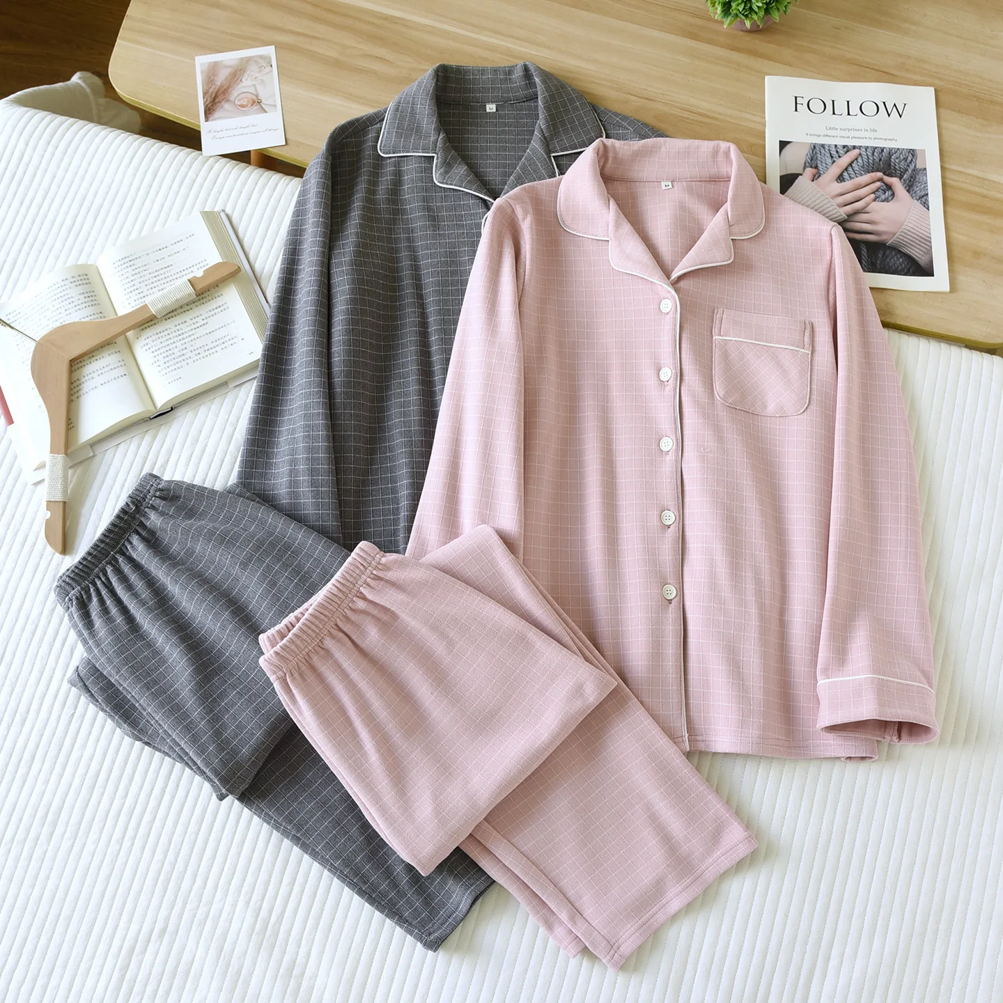 الخريف والشتاء زوجين منامة منقوشة ملابس منزلية بسيطة المرأة طويلة الأكمام الرجال ملابس المنزل فضفاضة مجموعة