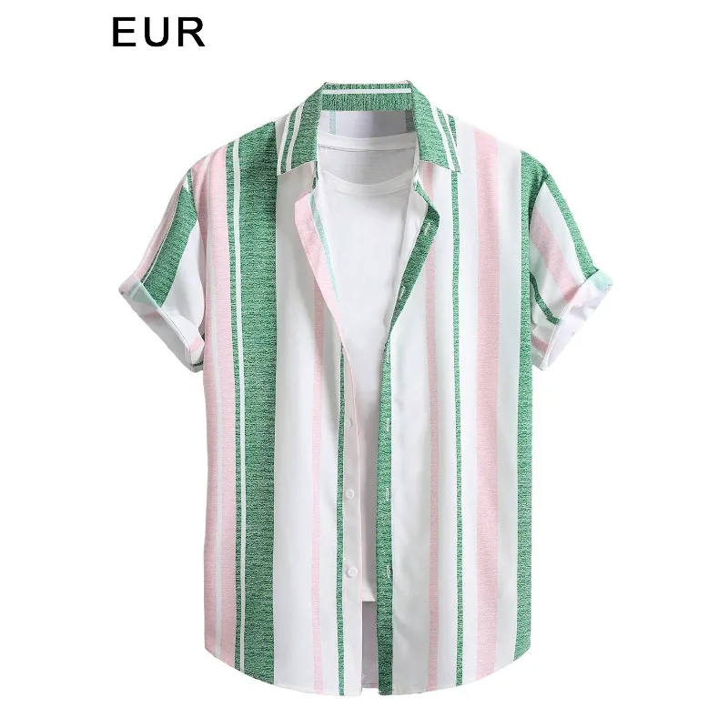 

Pink green watermelon striped shirt 3D printed 2025 new style temperament men's summer trend shirt Hawaii Vacation Collection