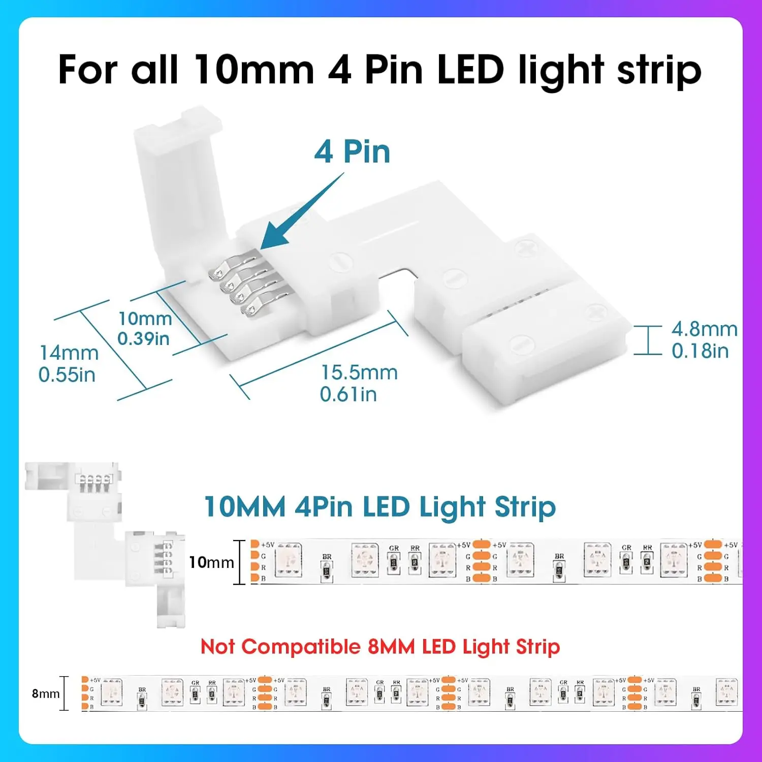 10pcs L Shape 4-Pin LED Connectors for LED Strip Lights 10MM Width Unwired Gapless Solderless Adapter Extension