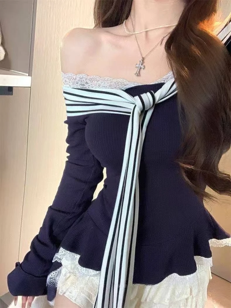 Y2K Vintage Design Long Sleeve Tees for Ladies Subculture Cute Slim Fit Tops Sweet Lolita Style Casual Daily Autumn Pullover