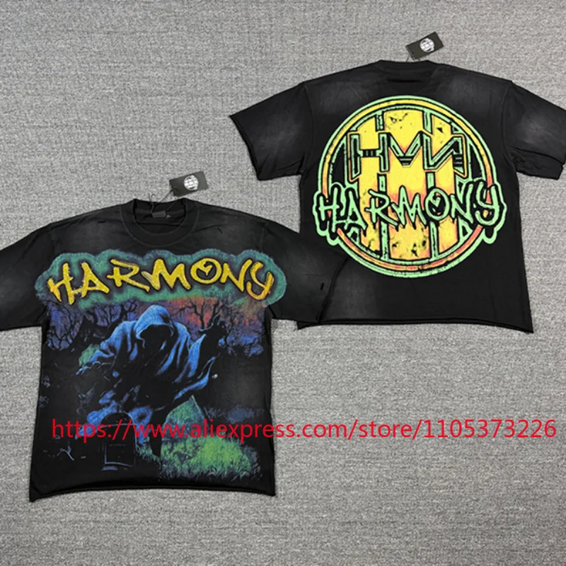 Hot New HARMONY Oversized Distressed Washed T-Shirt Grim Reaper Graphic Casual Streetwear Top