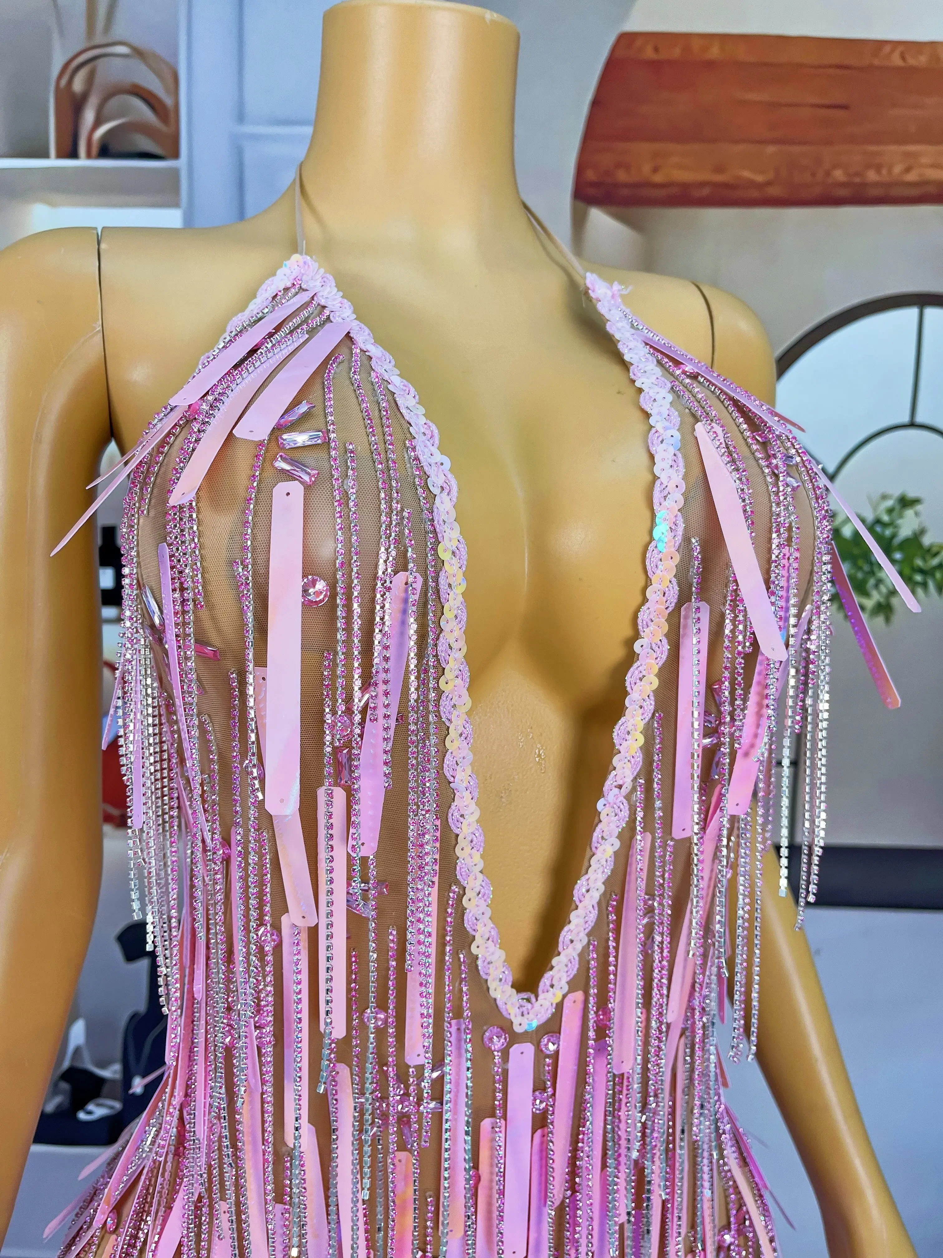 Birthday Evening Show Sexy Costume Handmade Flashing AB Pink Sequins Rhinestones Crystals Fringes Bandage Dress