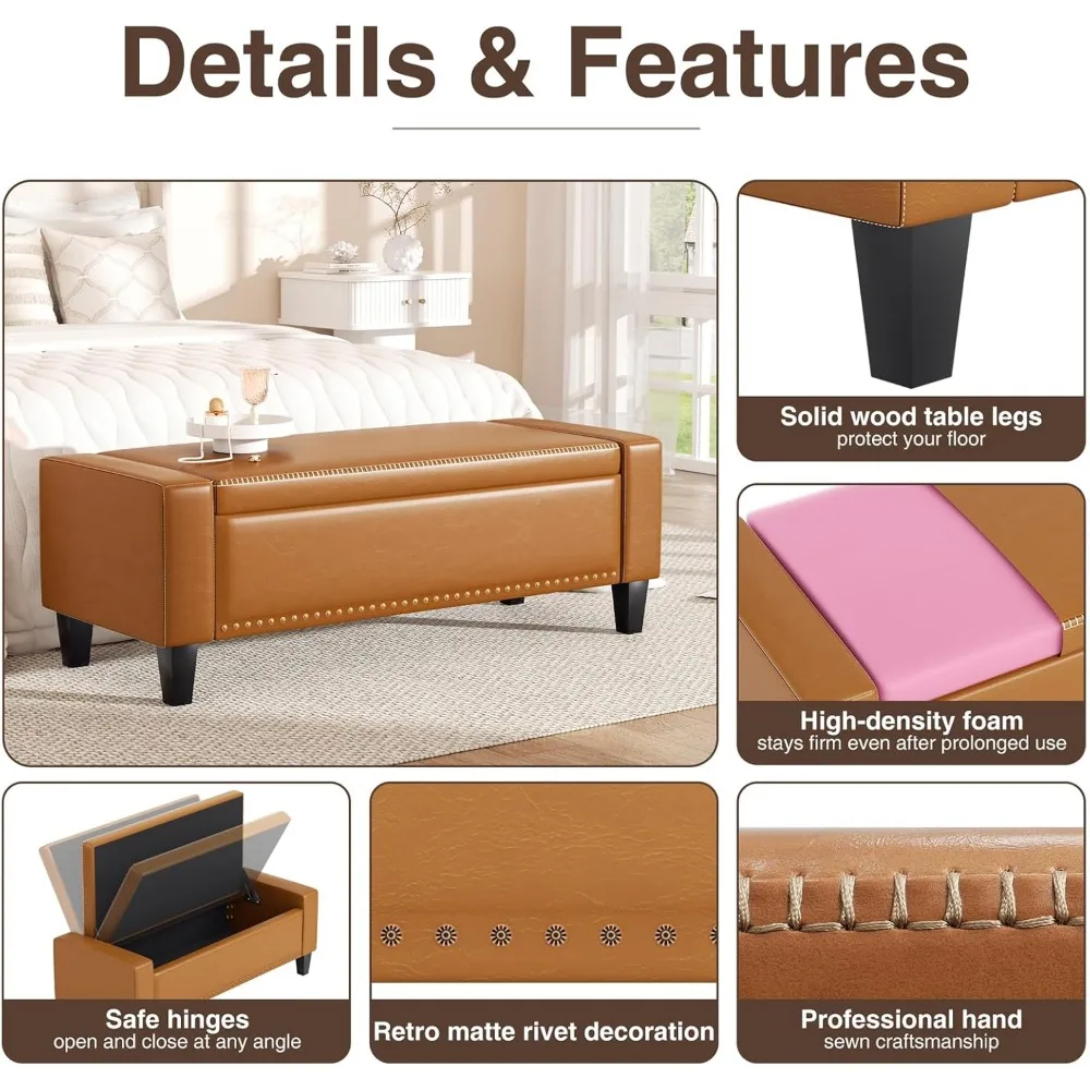 Brown Faux Leather Storage Ottoman Bench with Lift Top for Bedroom and Living Room