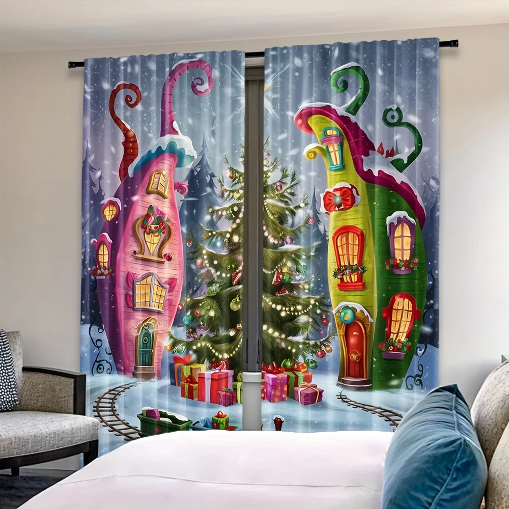 2pcs, Festive Christmas Town Curtains, Whimsical Winter Night Print, Rod Pocket Drapes for Cozy Bedroom and Living Room Decor