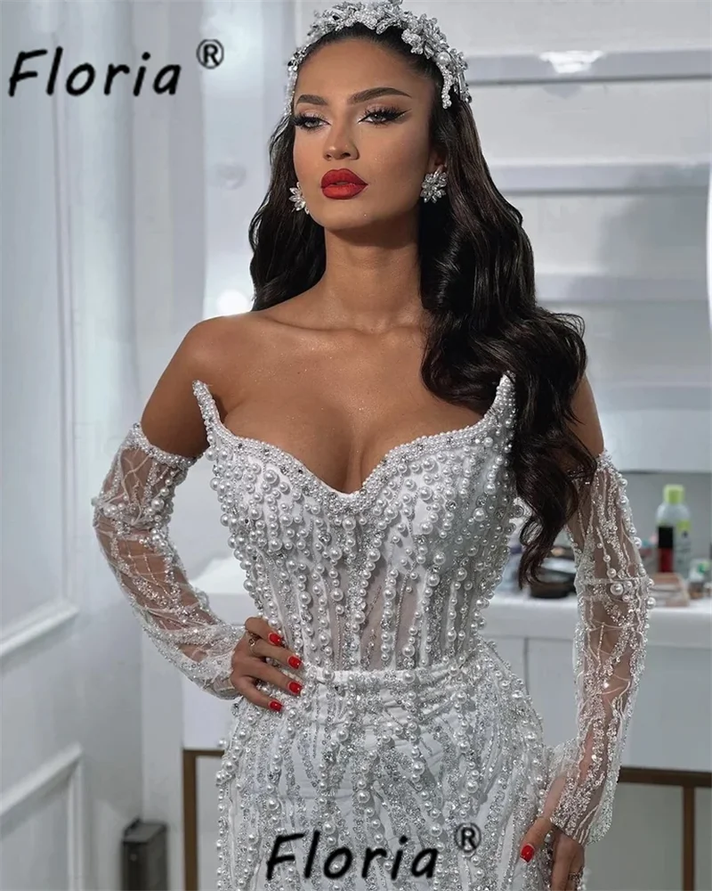 Elegant Full Pearls Beaded Mermaid Bespoke Wedding Dresses Ivory Dubai Women Floor Length Brides Party Gown Robe de mariee 2024