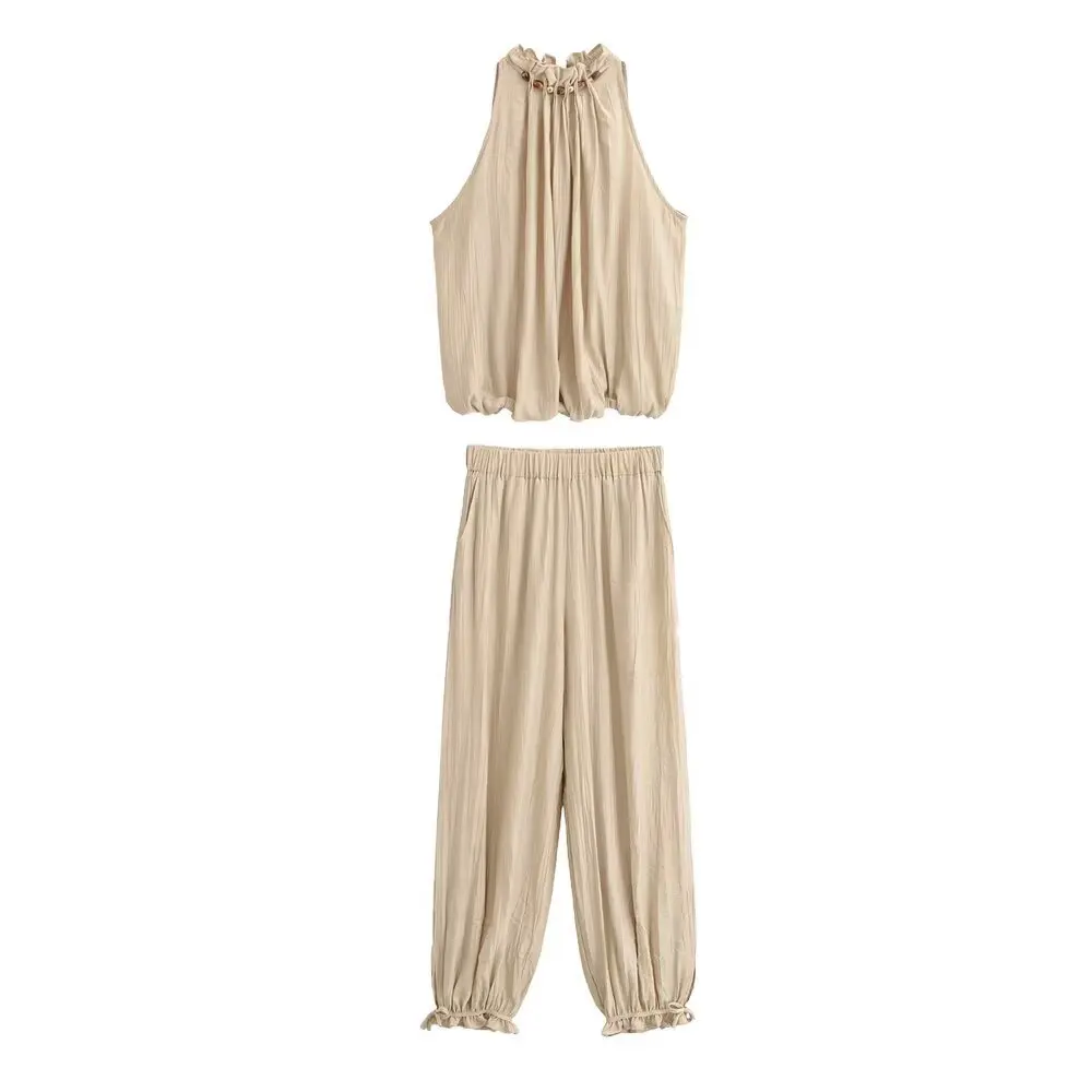 

European and American Style 2026 New Summer Style Beaded Halter Neck Sleeveless Top + Elastic Waist Lantern Trousers Suit