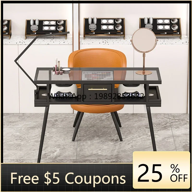 DF Nail Table Embedded Vacuum Cleaner Manicure Table Chair Set Light Luxury Simple Glass Nail Salon Special