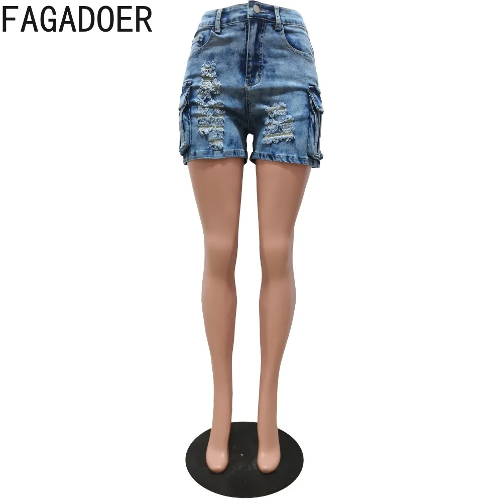 Fagadoer-shorts jeans com estampa azul para mulheres, calça cargo de cintura alta com buraco e botão, estilo cowboy fashion