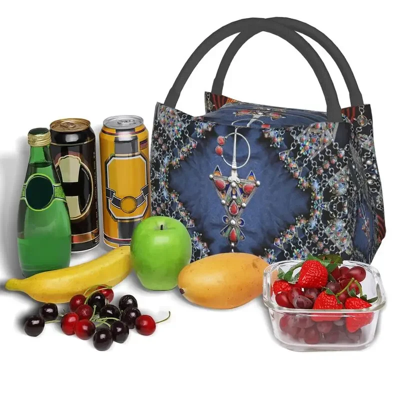 Kabyle Jewelery Thermal Insulated Lunch Bag Women Amazigh Algeria Dress Resuable Lunch Container Travel Storage Meal Food Box