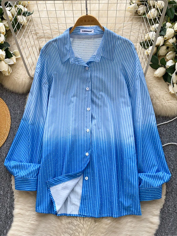 

Women Shirts Casual Feminine Candy-colored Gradient Long-sleeved Spring Bright Diamond beading Loose Fit Blouse Top Female BL358