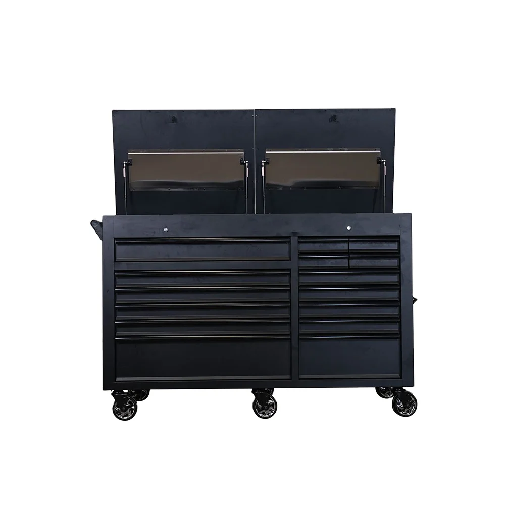 Black Steel workbench Roller Cabinet Tool Trolley Tool Chest Storage Tool Box 15 drawers plug socket and side tray one one side