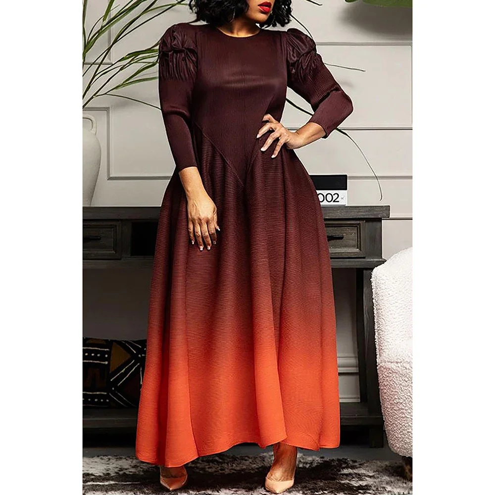 Plus Size Women\'s Formal Dress Coffee Slim Fashion Gradient Long Sleeve Round-neck Maxi Dress