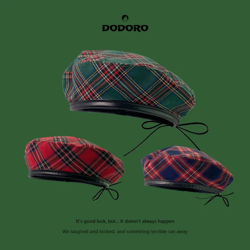 Plaid Leather Trim Beret Hat for Women, Autumn Lightweight Painter Cap, British Retro Style Unisex