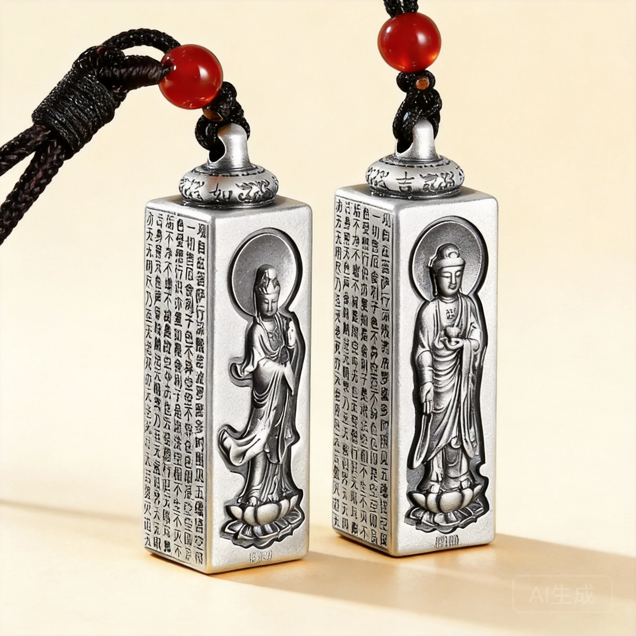 Chinese Style Good Luck Bless Heart Sutra Guanyin Buddha Square Pillar Pendant Vintage Unisex Buddhist Amulet Fortune Safe Jewel