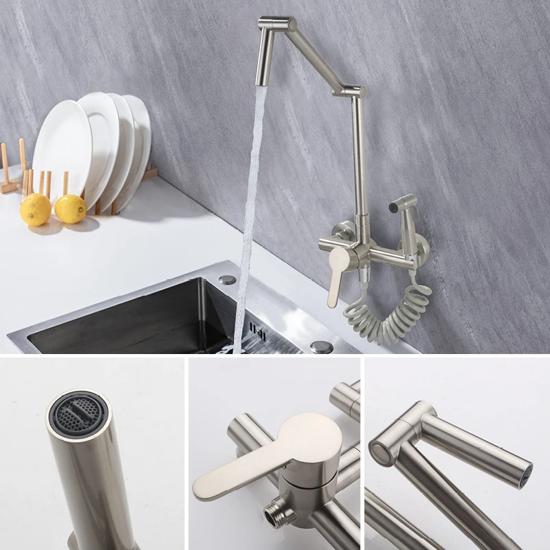 صنبور مطبخ مثبت على الحائط مع بخاخ يدوي بفتحة مزدوجة قابل للدوران 360 درجة ° صنبور حوض المطبخ القابل للطي بمقبض واحد، صنبور خلاط ساخن وبارد #4