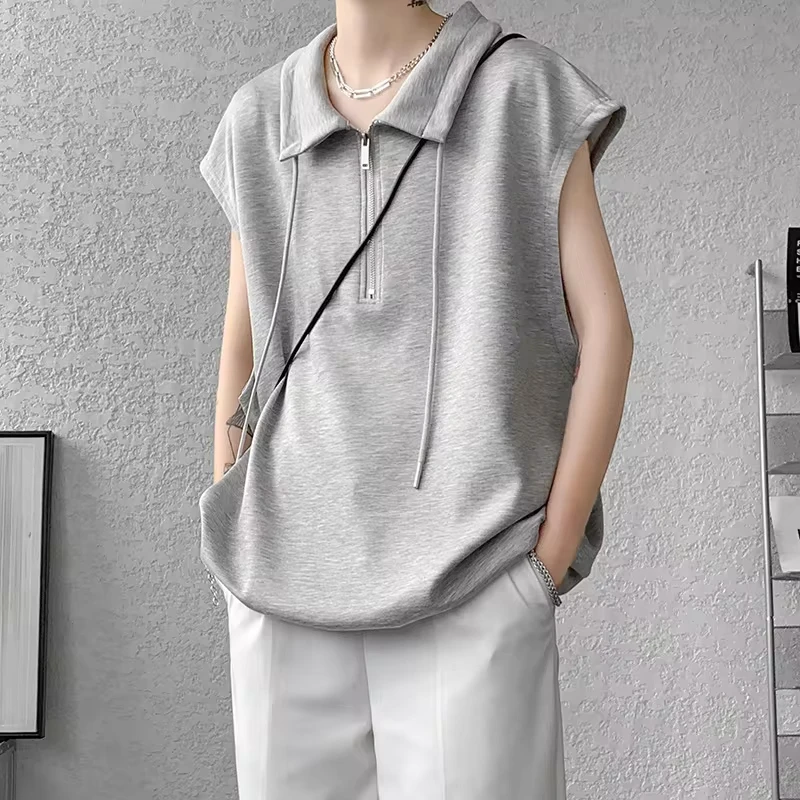 Light Gray Half Zipper Lapel Vest Men's Trendy Brand Vest Sleeveless T-shirt American Short Sleeve Summer