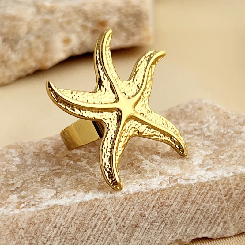 1pc Starfish Shaped Funny Stainless Steel Opening Ring 14K Gold Plated Funny Accessories Men and Women\'s Ring for Daily Wear