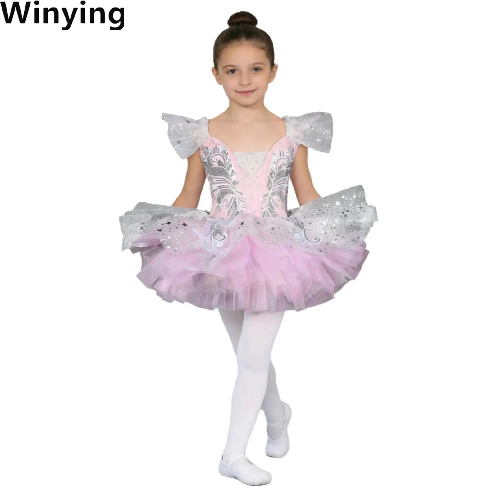 

Kids Girls Shiny Sequin Ballet Dance Outfit Ruffled Sleeves Applique Tulle Tutu Dress with Headwear And Cuffs