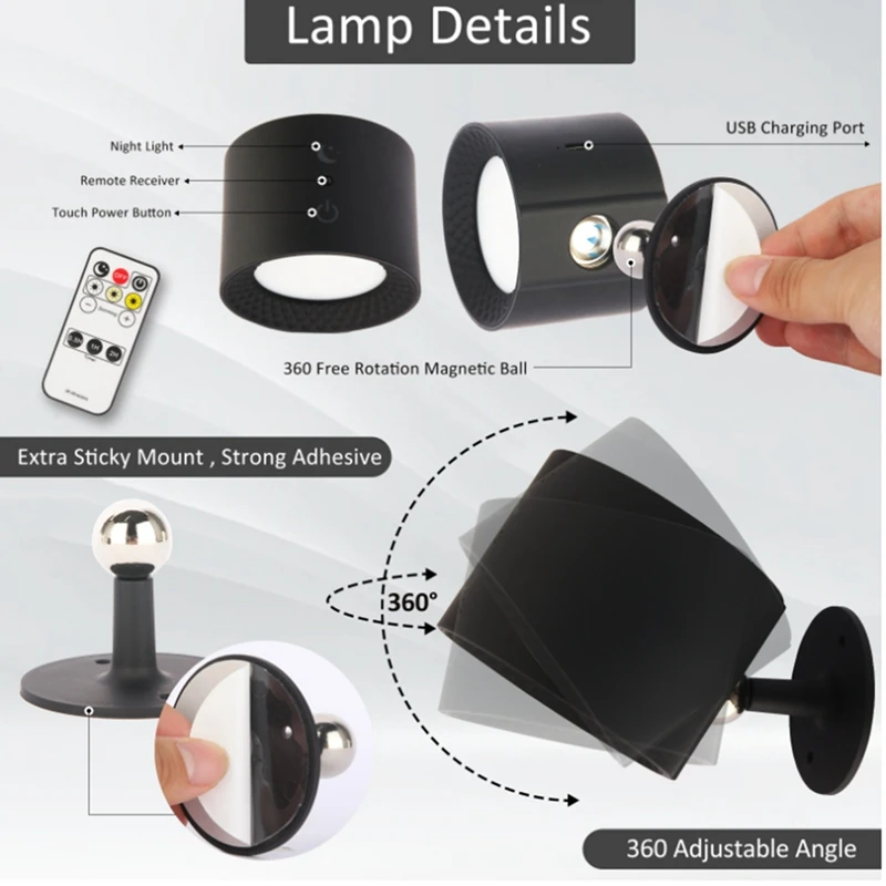 Luci LED ricaricabili tramite USB con telecomando 3 temperature di colore Luminosità dimmerabile 360 °   Installazione magnetica ruotabile-AT64