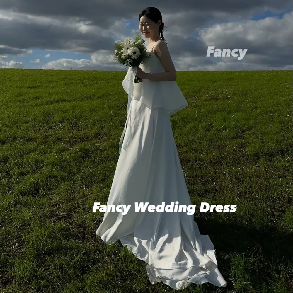 Fancy Simple Square Neck Wedding Dress Chiffon Korea A Line Bridal Gown Sleeveless Long Tail Evening Dresses Customized