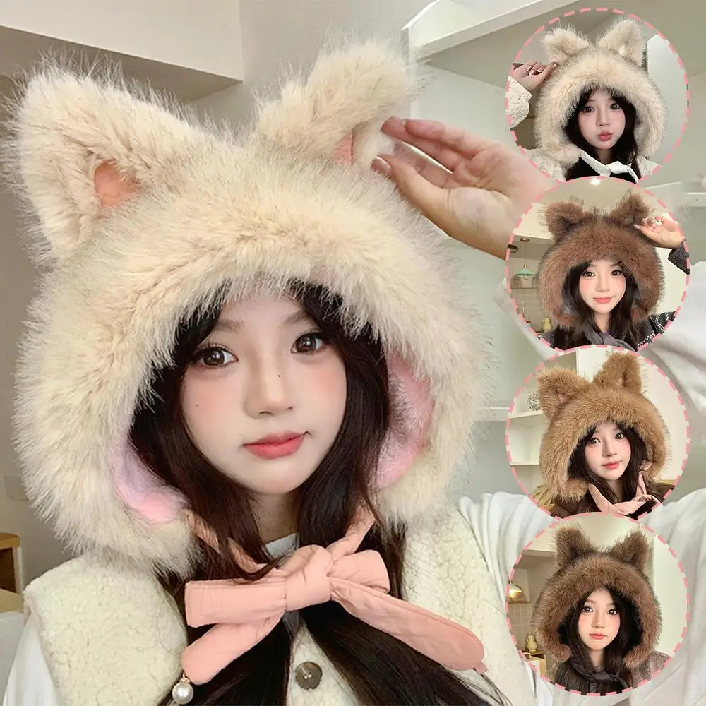 

Fluffy Ear Protection Cap Plush Fox Ear Hat Outdoor Windproof Ear Pullover Hat Faux Fur Lined Beanies Caps Thicken Women's Hat