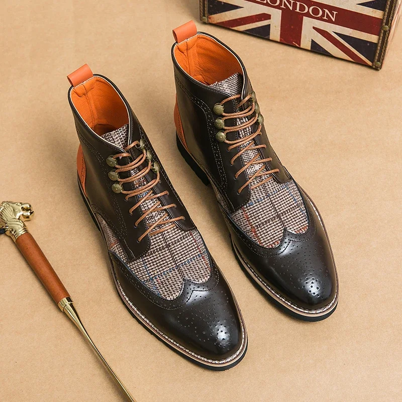 Brand Classic Brown High-top Men Dress Shoes Size 38-48 Pointed Tip Formal Shoes Men Lace-up Leather Boots for Men Vintage Boots