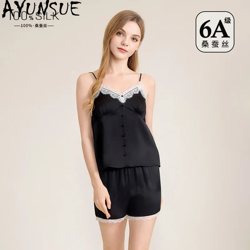 AYUNSUE Natural Silk Pajamas for Women Sleeveless Pajama Sets with Chest Pads French Style Womens Matching Sets High Quality 잠옷