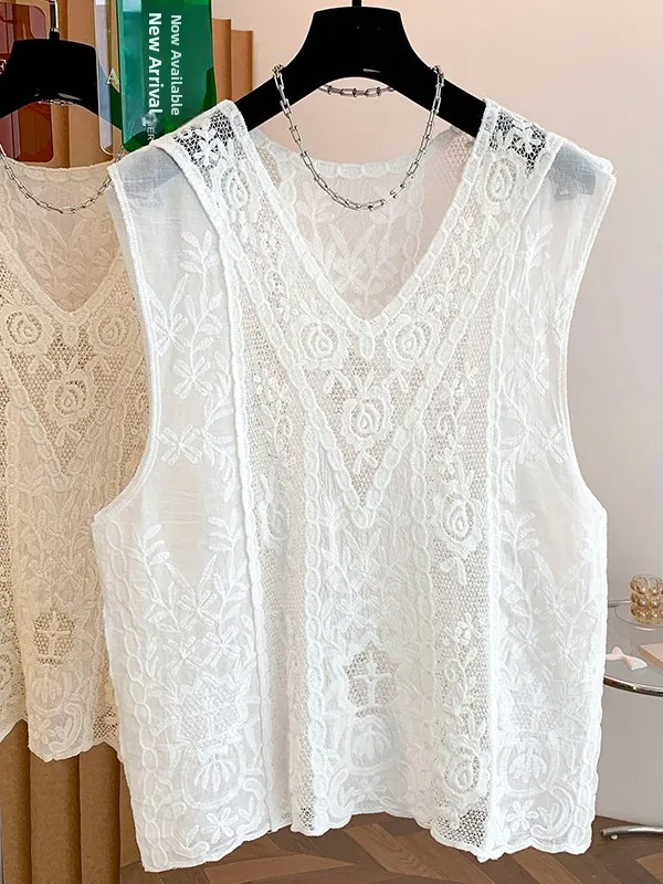 

Korean Sle Gentle V-Ne Lace Tank Top Summer Loose Hollow out Svel Ci Commute Cotton Blend Faionable Overalls