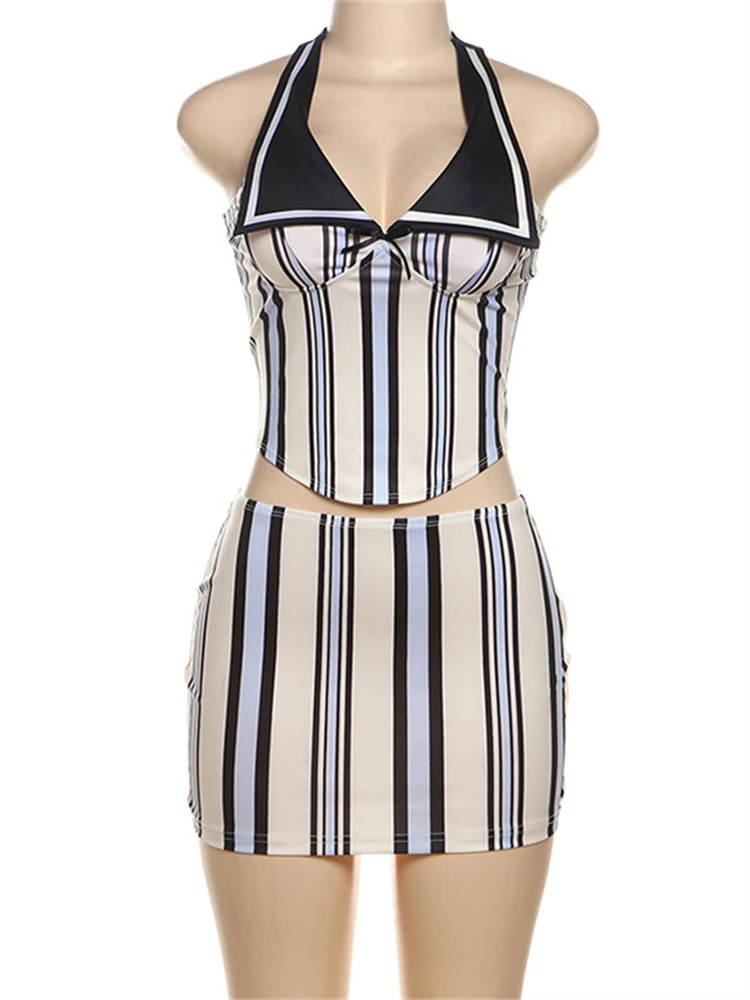 Akaily Summer Stripe Print 2 Piece Set Vacation Party Outfits Women 2024 Sexy Low-Neck Backless Halter Corset Tops Skirt Sets