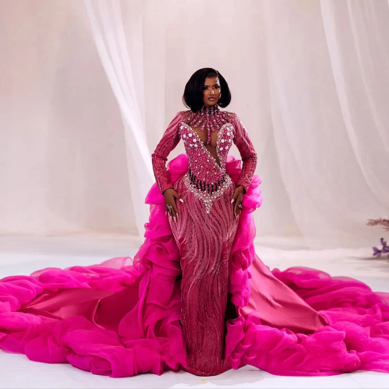 Abiti da sera con perline illusione Gonna oversize rimovibile con paillettes Abiti formali in organza Abito da ballo rosa taglie forti Maniche lunghe