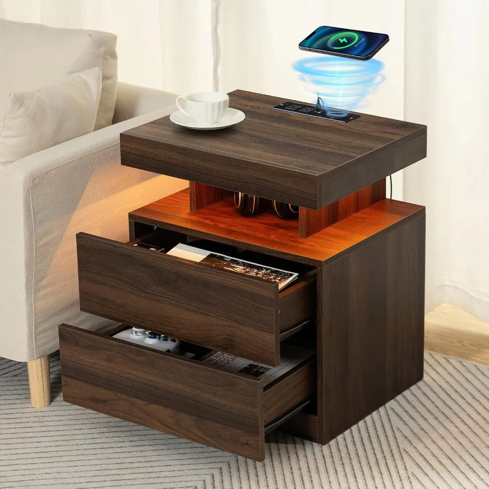 

Rustic Nightstand with Wireless Charging Station LED Bedside Table with 2 Drawers End Table with Open Shelf Smart Nightst