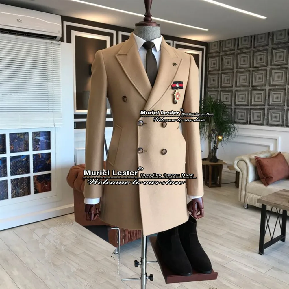 

Autumn/Winter Suits Jacket Men Double Breasted Long Coat Custom Made Tweed Wollen Camel Blazer Masculino Slim Fit Overcoat 2022