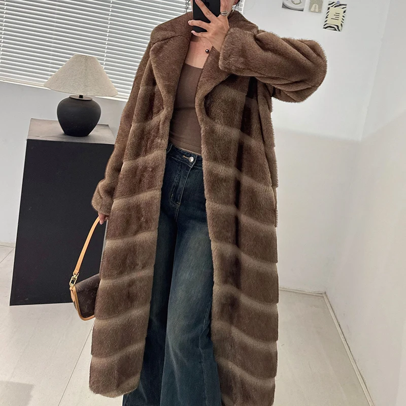 Faux Fur Coat Winter Women Korean Fashion Lapel Hook Belt Slim Coffee Versatile Long Imitation Mink Fur Coat Roupas Feminina
