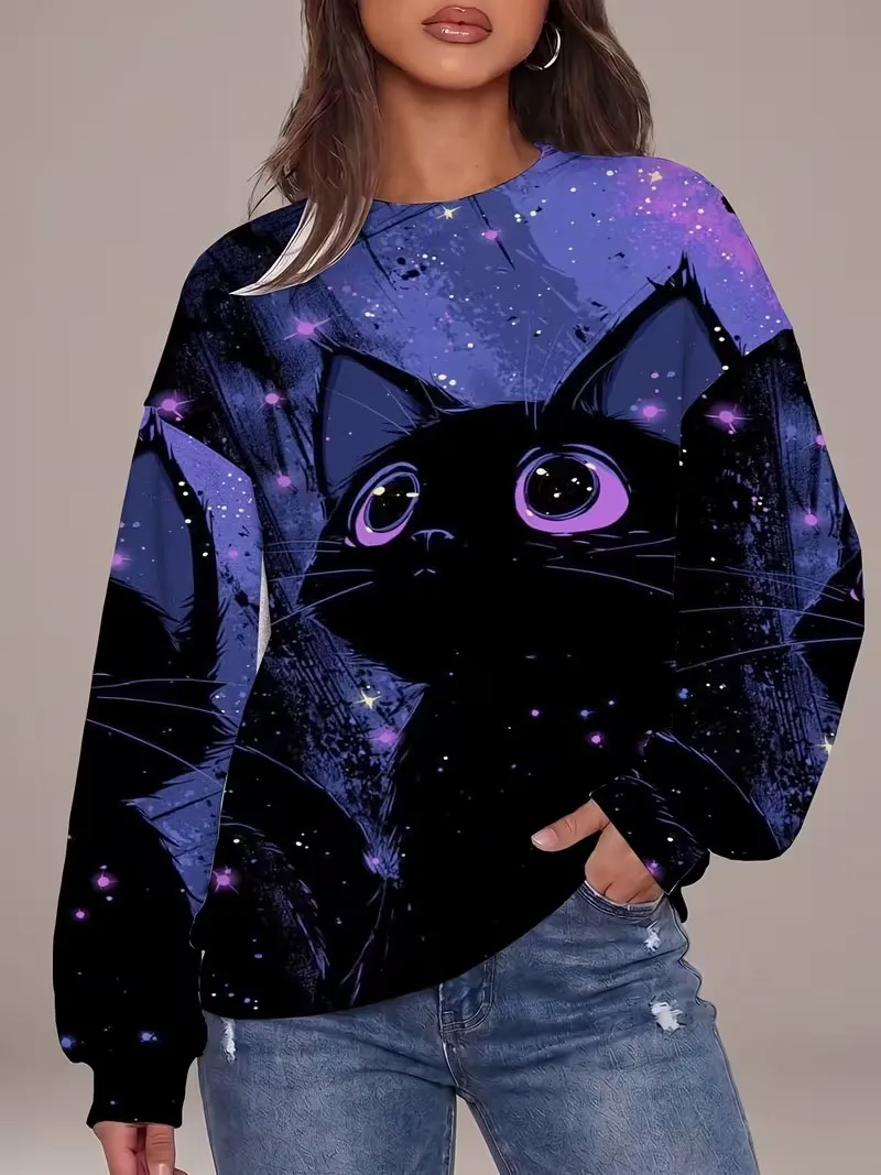 3D Cute Animal Printed Casual Hoodie Women's Autumn And Winter Long Sleeved Round Neck Loose Sportswear Tops