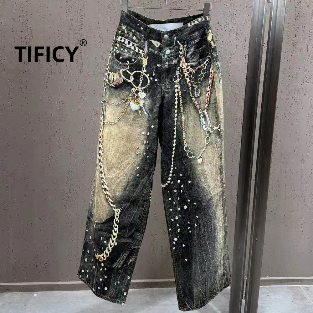 

Джинсы High Street Spring с объемным принтом и цепями, широкие брюки в стиле Ins, женские джинсы с высокой талией для уличного стиля
